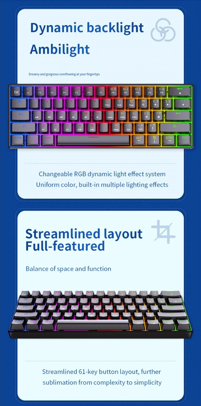 LANGTU G1000 Blue Switch Rainbow RGB Backlit 61-Key Bluetooth 5.0 Wireless Mechanical Keyboard with 3 Connection Modes White
