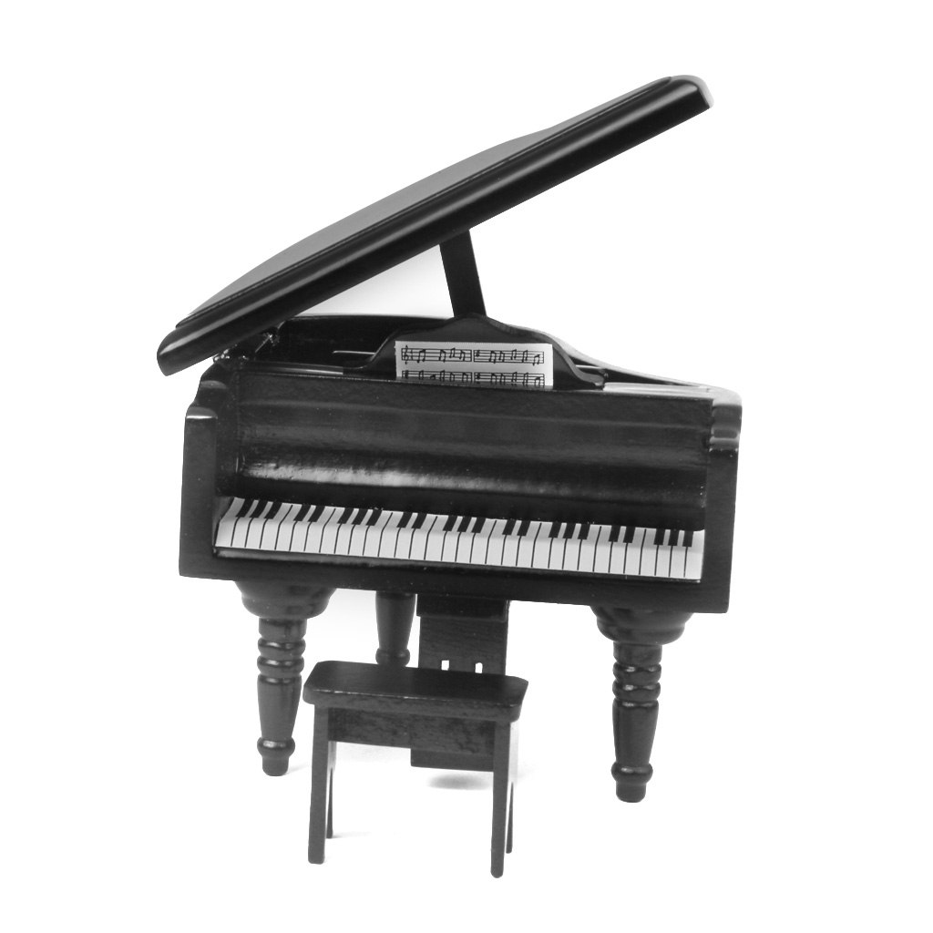 12th Dolls House Mini Wooden Piano with Chair Room Garden Decoration Accessory
