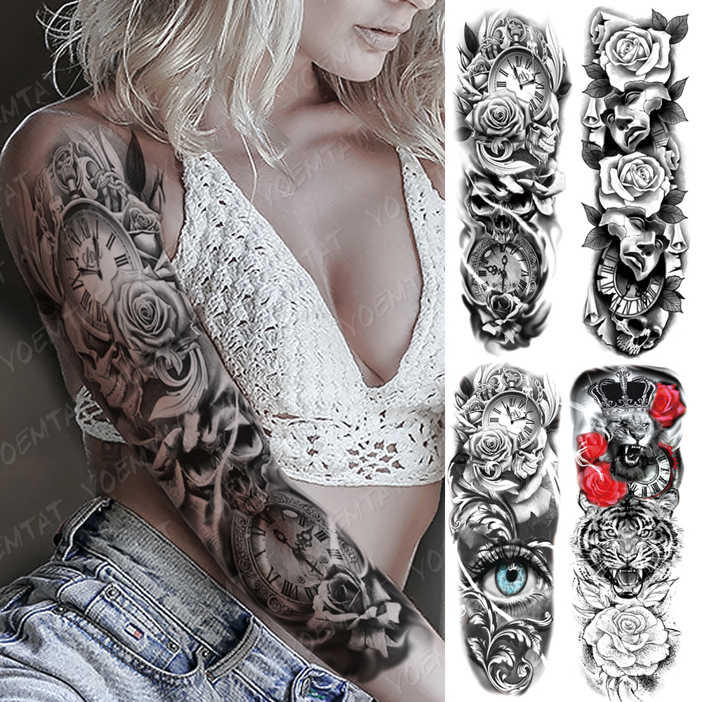 Best of Large Arm Sleeve Tattoo Clocks Rose Eye Lion Waterproof Temporary Tattoo Sticker Flower Time Body Art Full Fake Tatoo Women Men Reviews & Tips