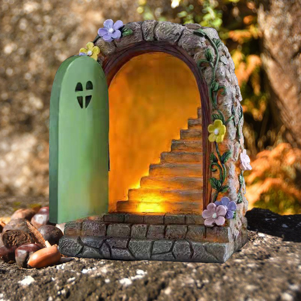 Large Fairy Door Solar Light LED Elf Steps Stone Door Secret Magical Fairy Garden Ornament Outdoor Figurine 15cm