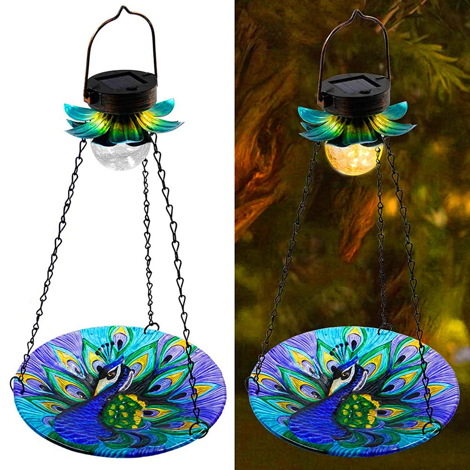 Bird Feeder Solar Stained Glass Landscape Decor Peacock Pattern Bird Bath
