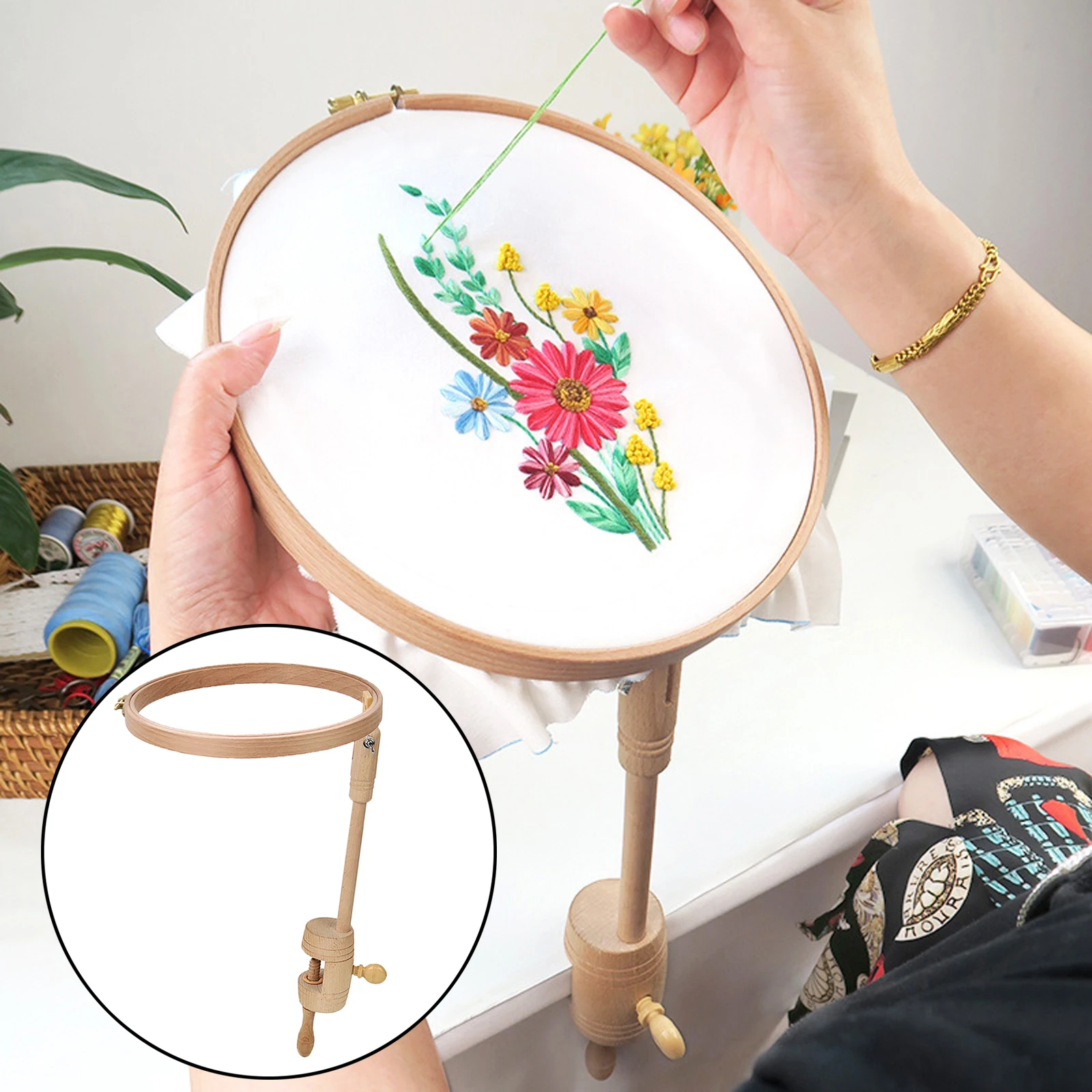 Embroidery Stand Natural Beech Wooden Adjustable Cross Stitch Lap Hoop Holder for Gift