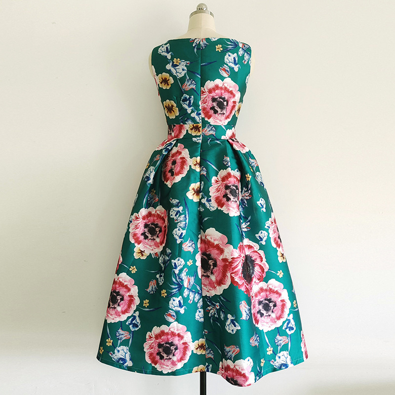 Início da Primavera Retro para Mulheres Impressão em Torno do Pescoço Alta Qualidade Novo Vestido Tutu Saia Elegante Rosa Flor Fino 5 Moda Feminina