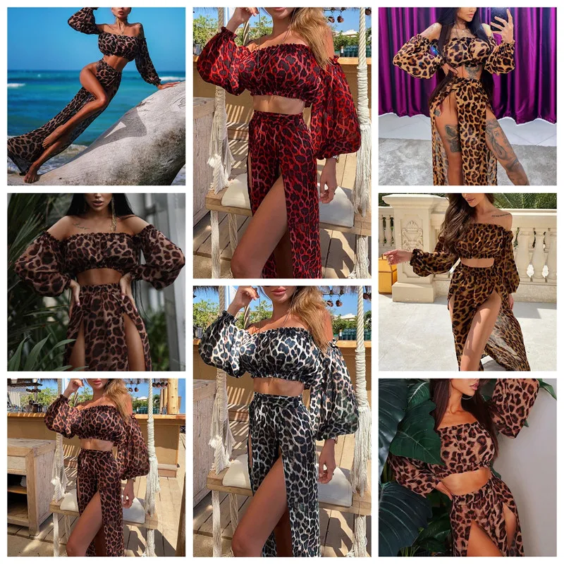 bathing suits and cover ups Women Beach 2pcs Leopard Bikini 2021 Cover-Ups Swimsuit Off Shoulder Top High Waist Beach Dresss Sexy Ladies Bikini Cover Up cover up beachwear