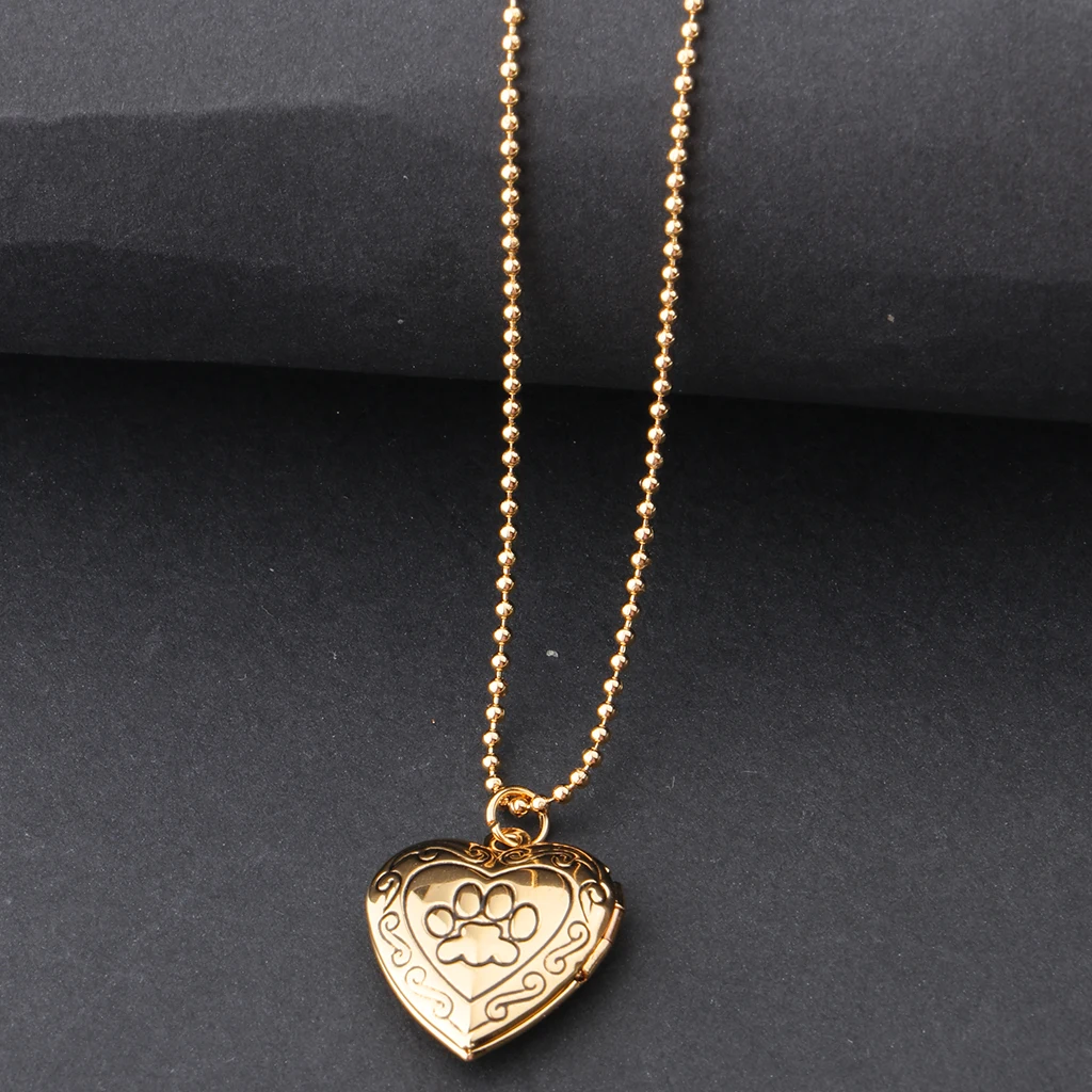 Antique Rose Gold/Gold Love Heart Charms Pendant Necklace Openable Photo Lockets Metal Brass Memorial Jewelry - Paw Print