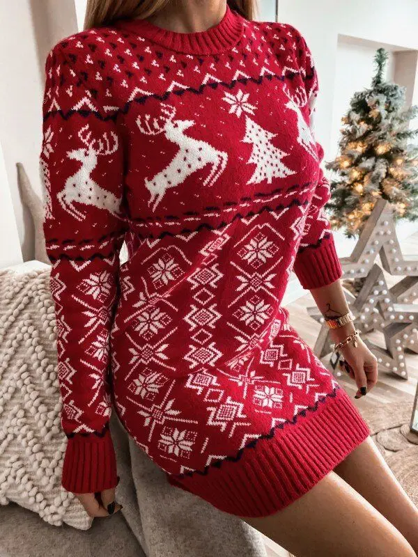 Women Christmas Jacquard Knitted Dress Loose Fit Long Sleeve O-neck Sweater Dress for Autumn Winter