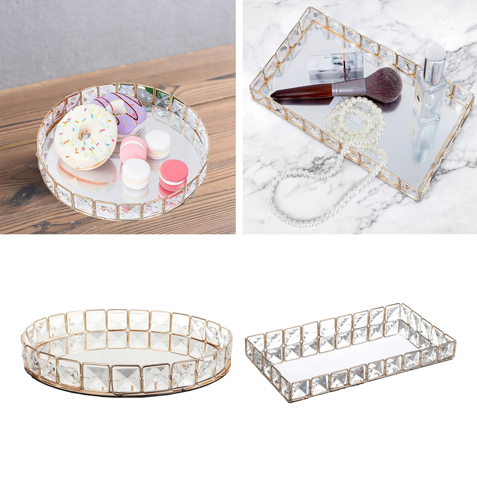 Mirrored Crystal Cosmetic Tray Perfume Bottle Makeup Table Vanity Organizer Storage Platter Serving Tray Tealight Holder