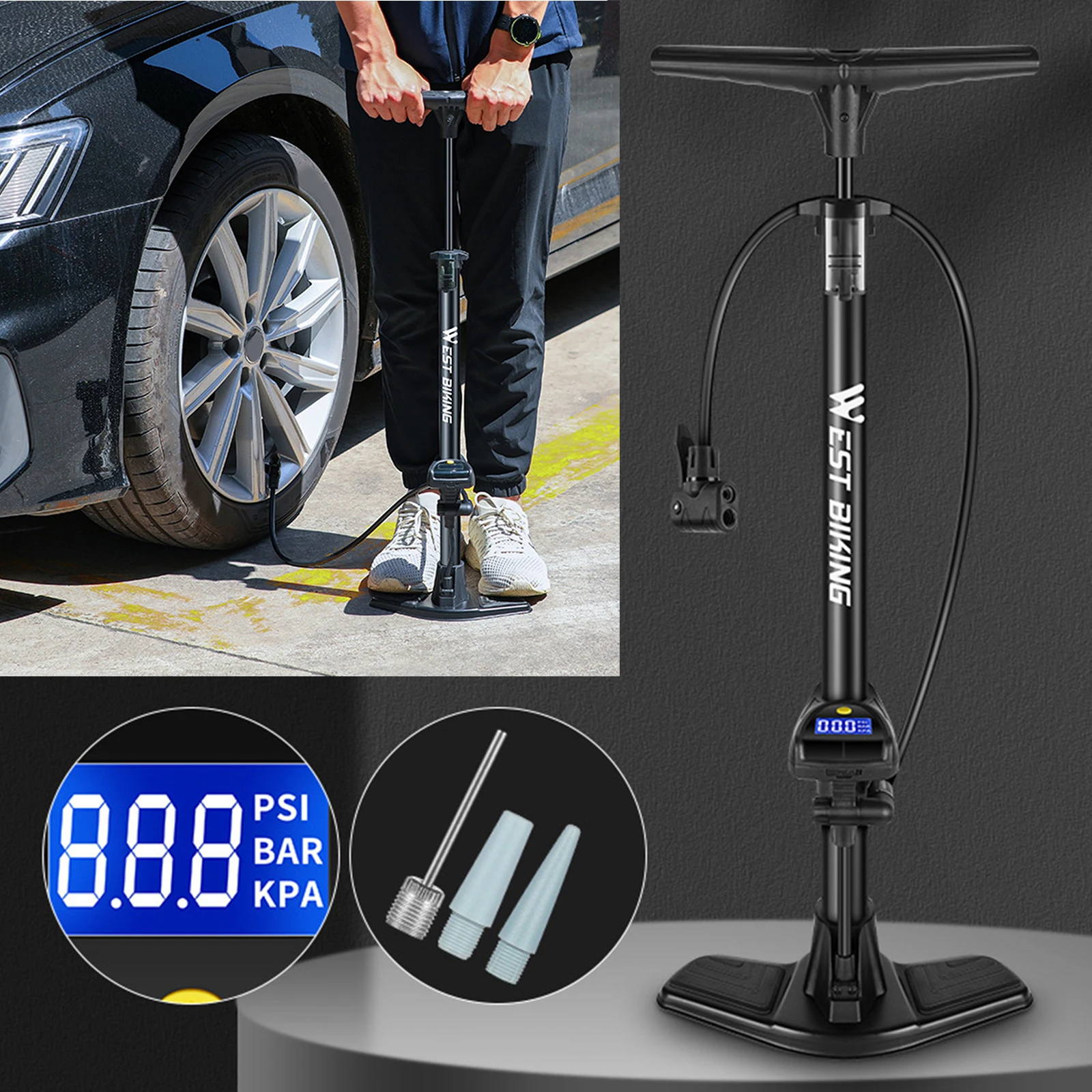 Standing Bike Air Pump Gauge Travel Inflator Air Rifle Inflating Valve MTB