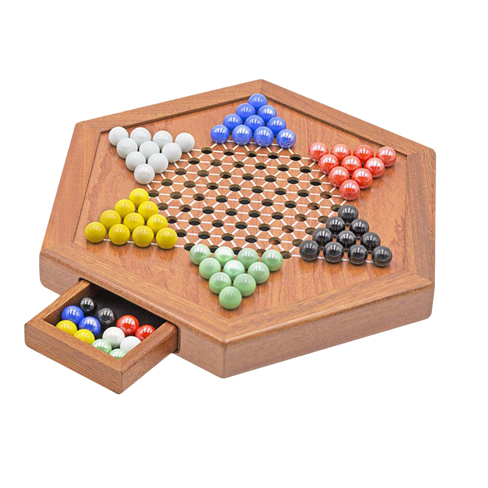 Classic Wooden Chinese Checkers 12 Inches with Drawers Halma Board Game Fine Glass Beads Family Multiplayer