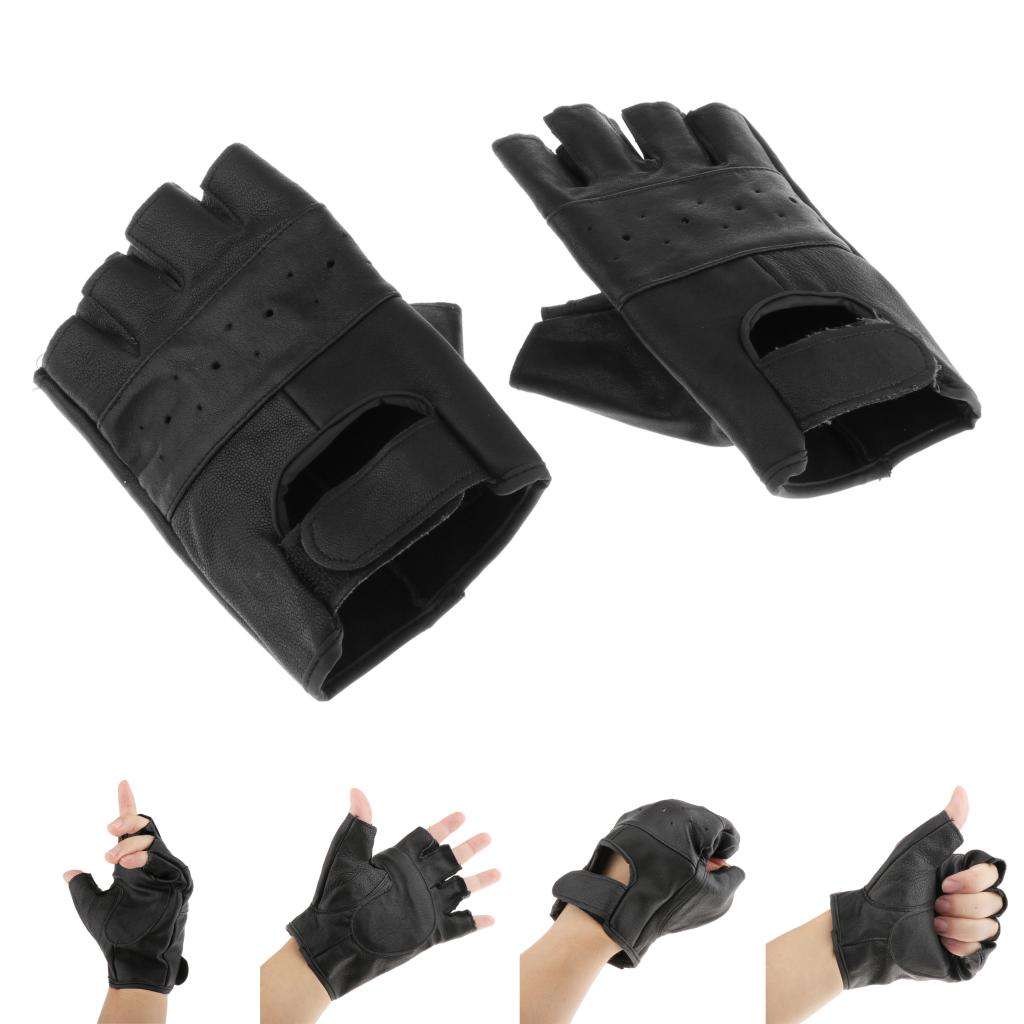 Leather Fingerless Gloves Men's Motorcycle Premium Driving Cycling Weight Lifting Gloves (Black)