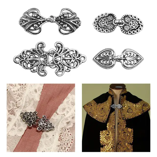 Bezelry 4 Pairs Swirl Flower Cape or Cloak Clasp Fasteners. 65mm x 28mm  Fastened. Sew On Hooks and Eyes Cardigan Clip (Antique Brass)