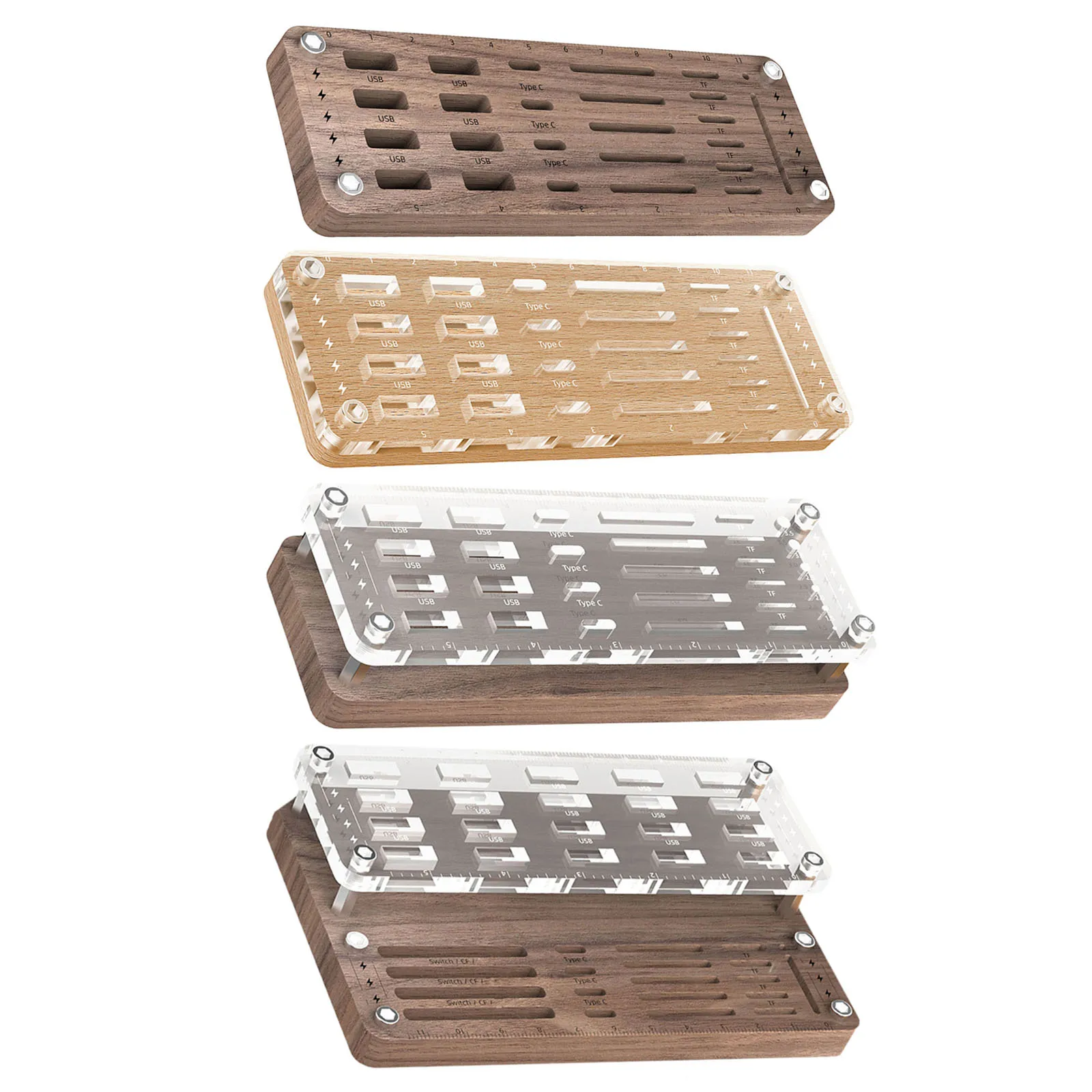 Storage Box Transparent Wooden Slot Holder Multi-Grid Clear for Countertop SD Card Memory Card USB Flash Drive Desktop