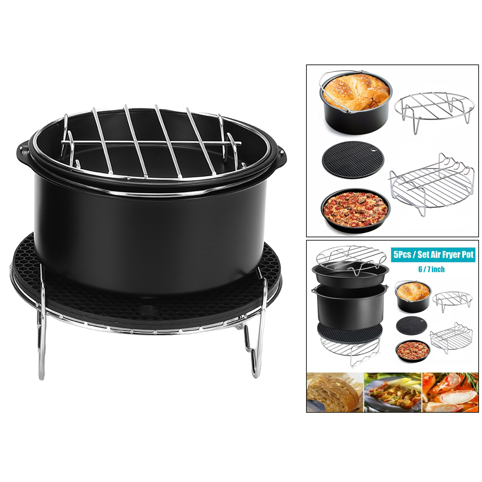 6 Inches Air Fryer Accessories Including Cake Barrel,Baking Dish Pan,Grill,Pot Pad, Pot Rack with Silicone Mat