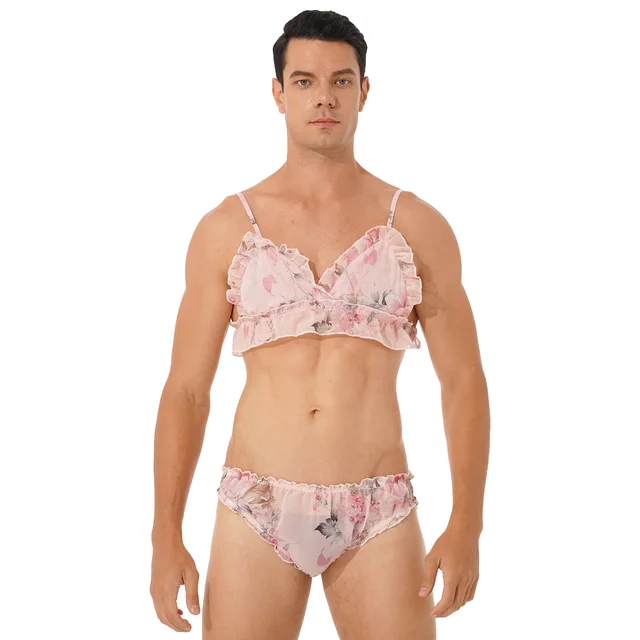 Men Ruffled Frilly Lingerie Gay Male Sissy Strawberry Print