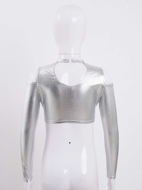 TiaoBug Kids Girls Mesh Long Sleeve Gymnastics Leotard Metallic Ballet Dance Bodysuit Figure Skating Costume Gold 14