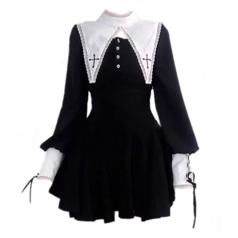 altgoth gótico preto escuro vestido feminino harajuku streetwear cruz bordado retalhos vestido de cintura alta emo alt mall goth clubwear