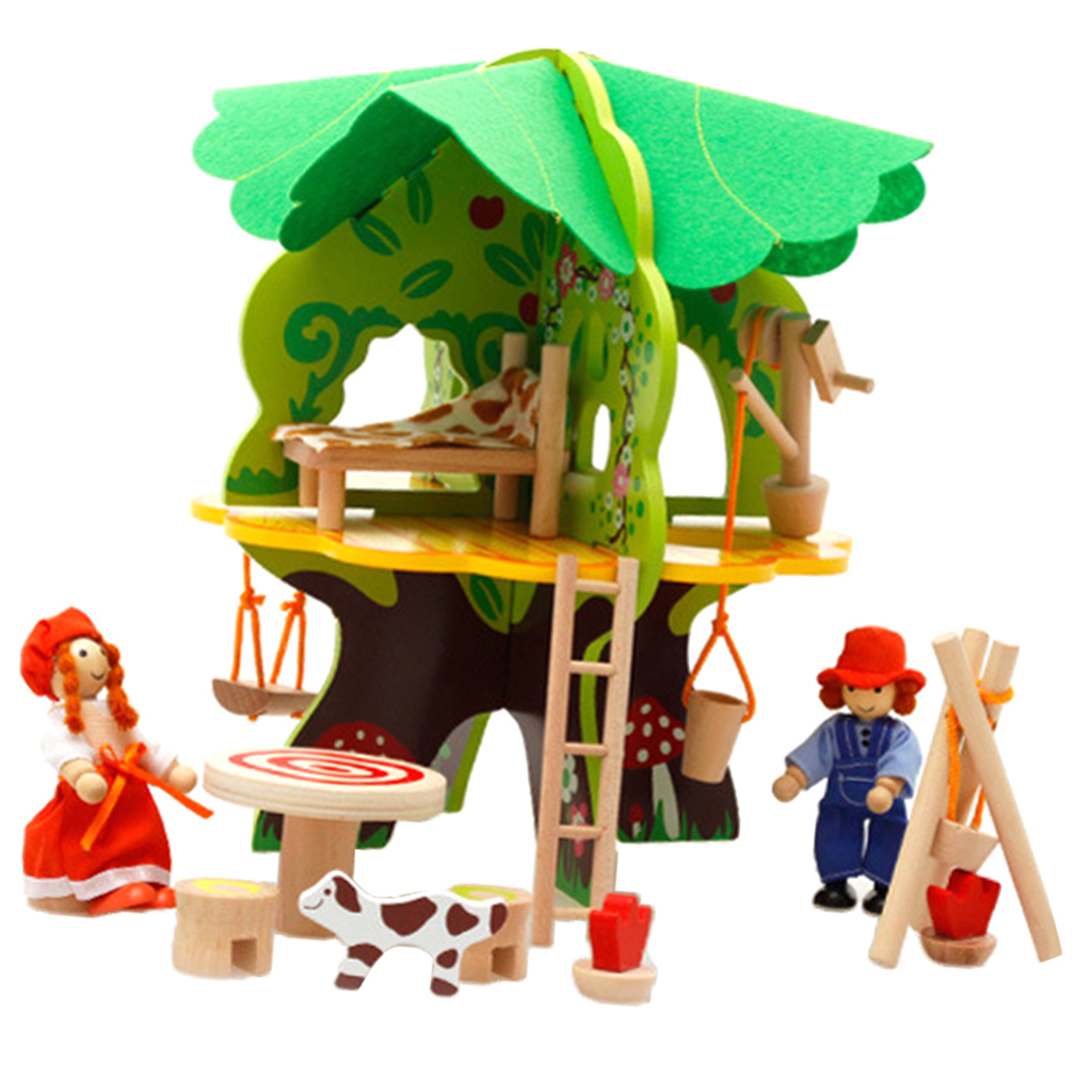 DIY Wooden Dollhouse Tree House Miniature Doll Figures Furniture Project Construction Kits Kids Building Toy Early Learning