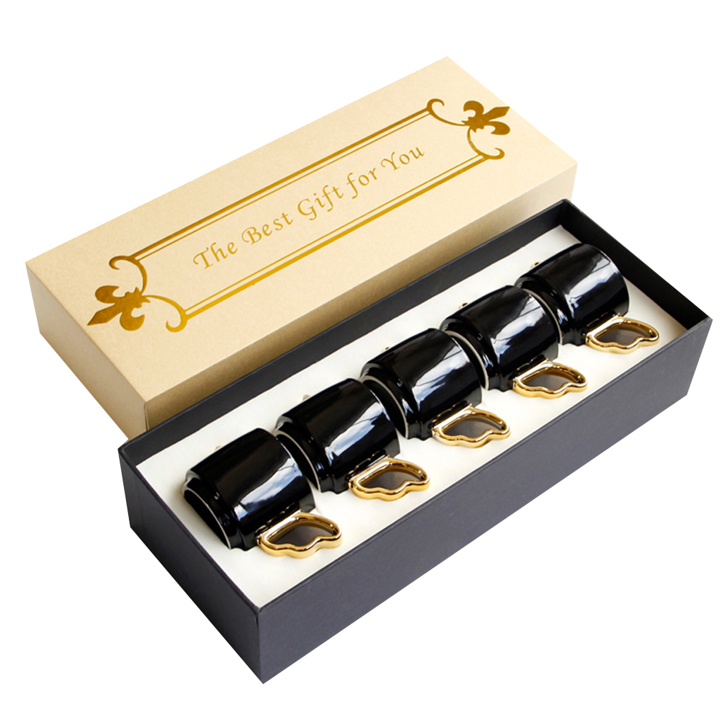 Porcelain Mugs - 100ML/ 3.4 Ounce for Coffee, Hot Tea, Cocoa, Set of 5 Pieces, Black Color, Birds Wing Handle