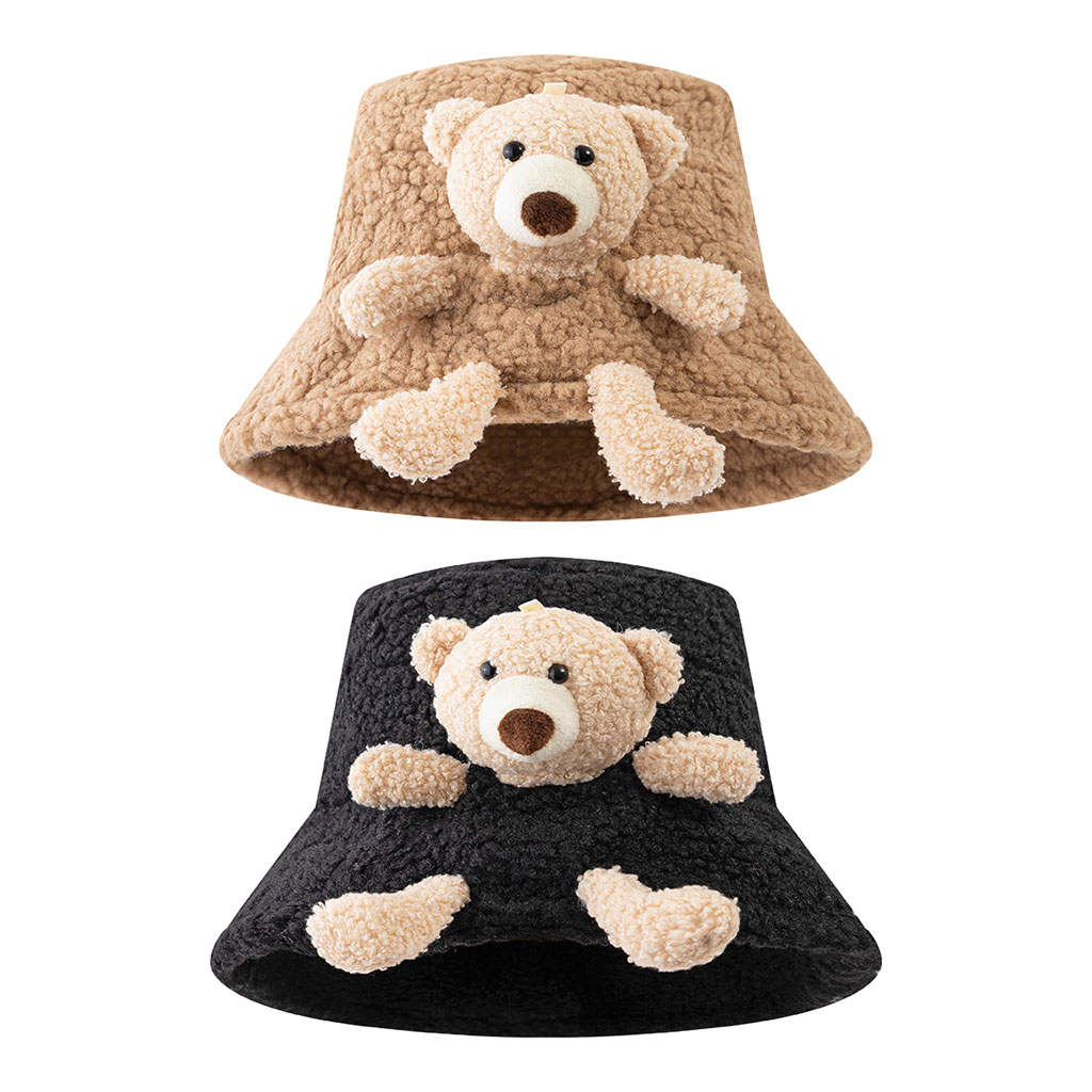 Winter Warm Bucket Hat 3D Stuffed Wide Brim Teddy Bear Fisherman Caps for Teens Children