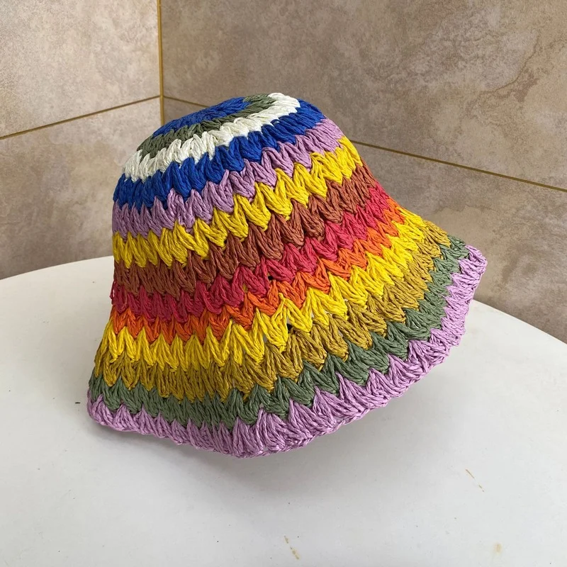 wool bucket hat womens Womens Straw Hat Rainbow Crochet Hand-made Panamas UV Protection Sun Visor Beach Hats Women Visors Foldable Summer Sun Hat frog bucket hat
