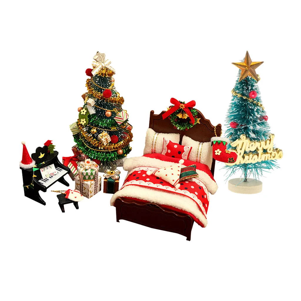 Christmas Tree Dollhouse Miniature Bed Furniture Kit, Pretend Play Doll House