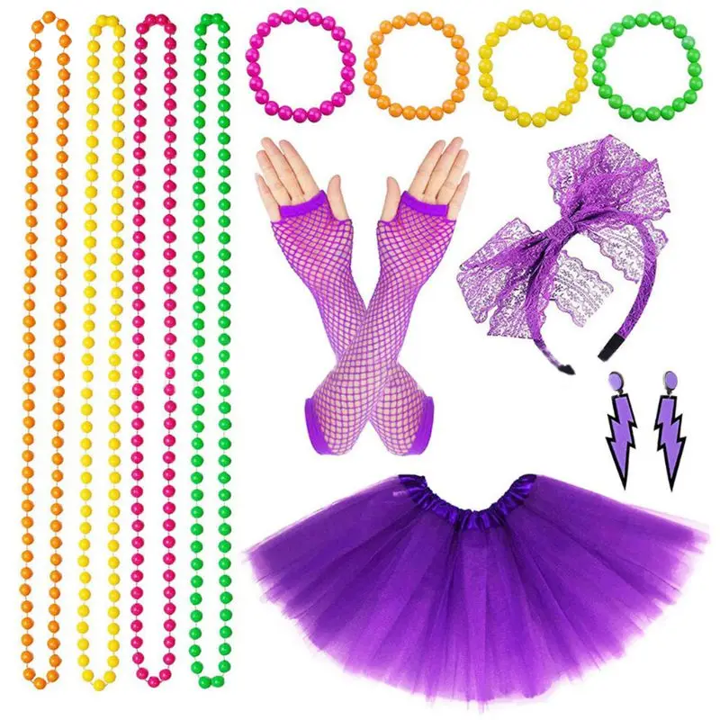 80s Accessories Set Women 80s Fancy Dress Outfit Costume Neon Earrings Lace Headband Fishnet Gloves For Ladies Night Out 80s Party 