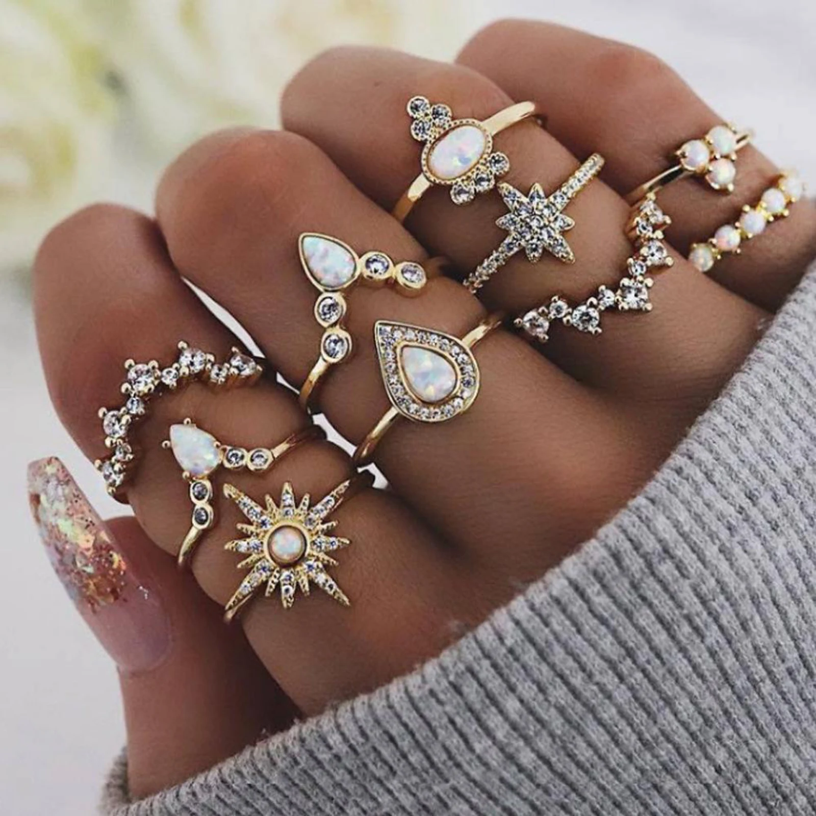 Set of 10 Rings Boho Knuckle Fashion Vintage Retro Crystal Thumb Mid Stack Jewelry