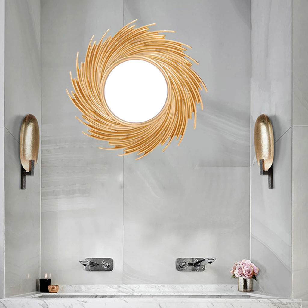 Rattan Round Sun Shaped Makeup Mirror Innovative Art Decor Dressing Bathroom Wall Hanging Ornate Mirror Gold