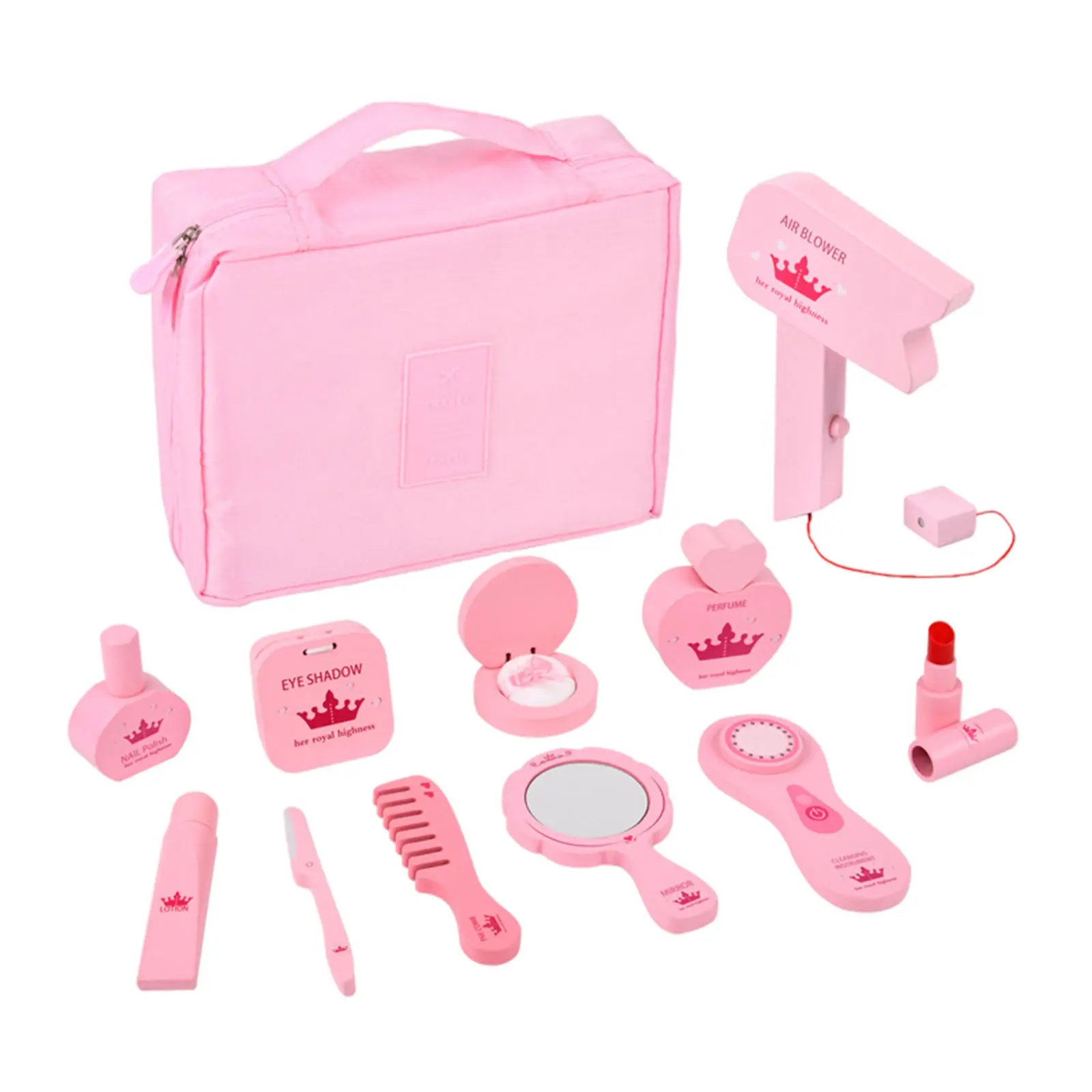 11Pcs Princess Pretend Makeup Kit Simulation Collection Wooden Beauty with Storage Bag Cosmetic Toy for Gifts Ages 3+ Toddler