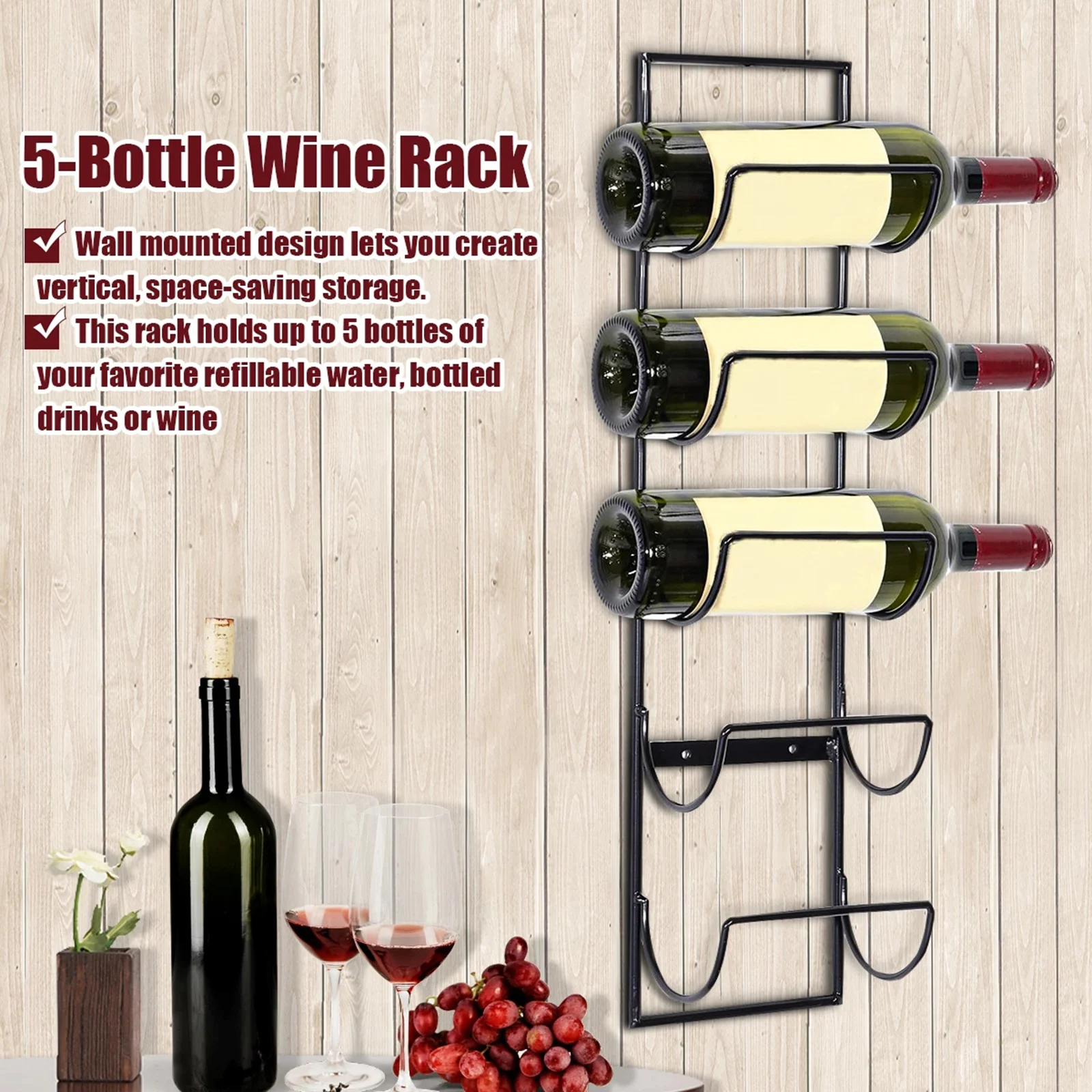 Mounted Wine Rack 5 Bottle Black Metal Wall Storage Holder Shelf 