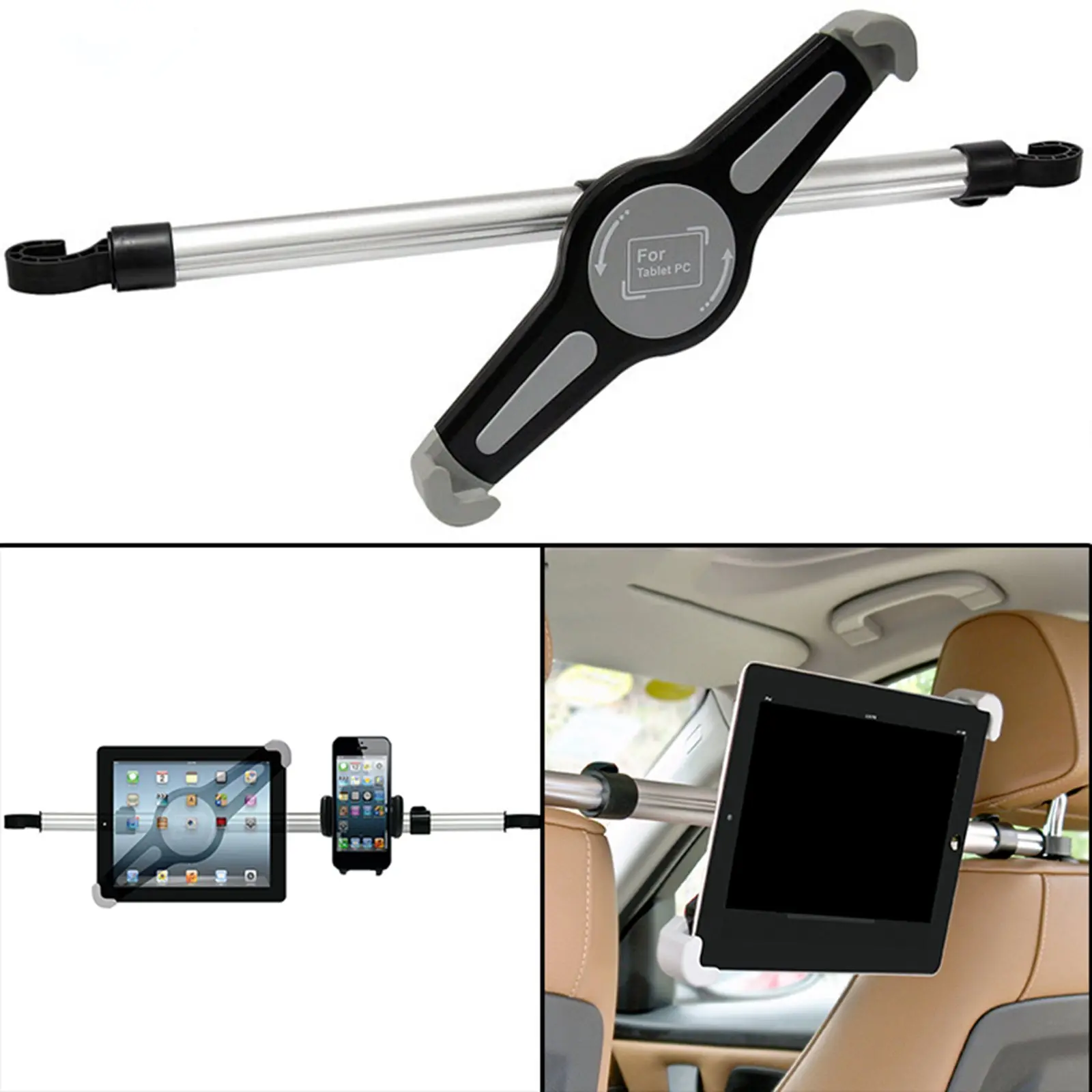 Aluminum Universal Car Headrest Mount Tablet Holder Back Seat 360° Mounts Stand Rubber inside the holder, anti-scratch
