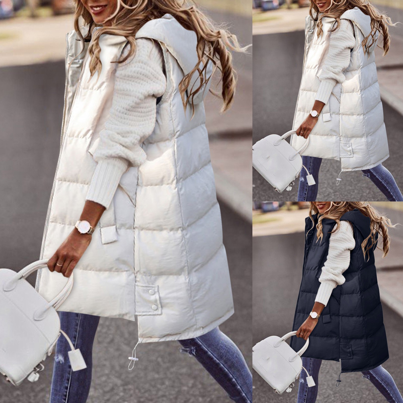 puffer parkas oversized colete com zíper bolsos