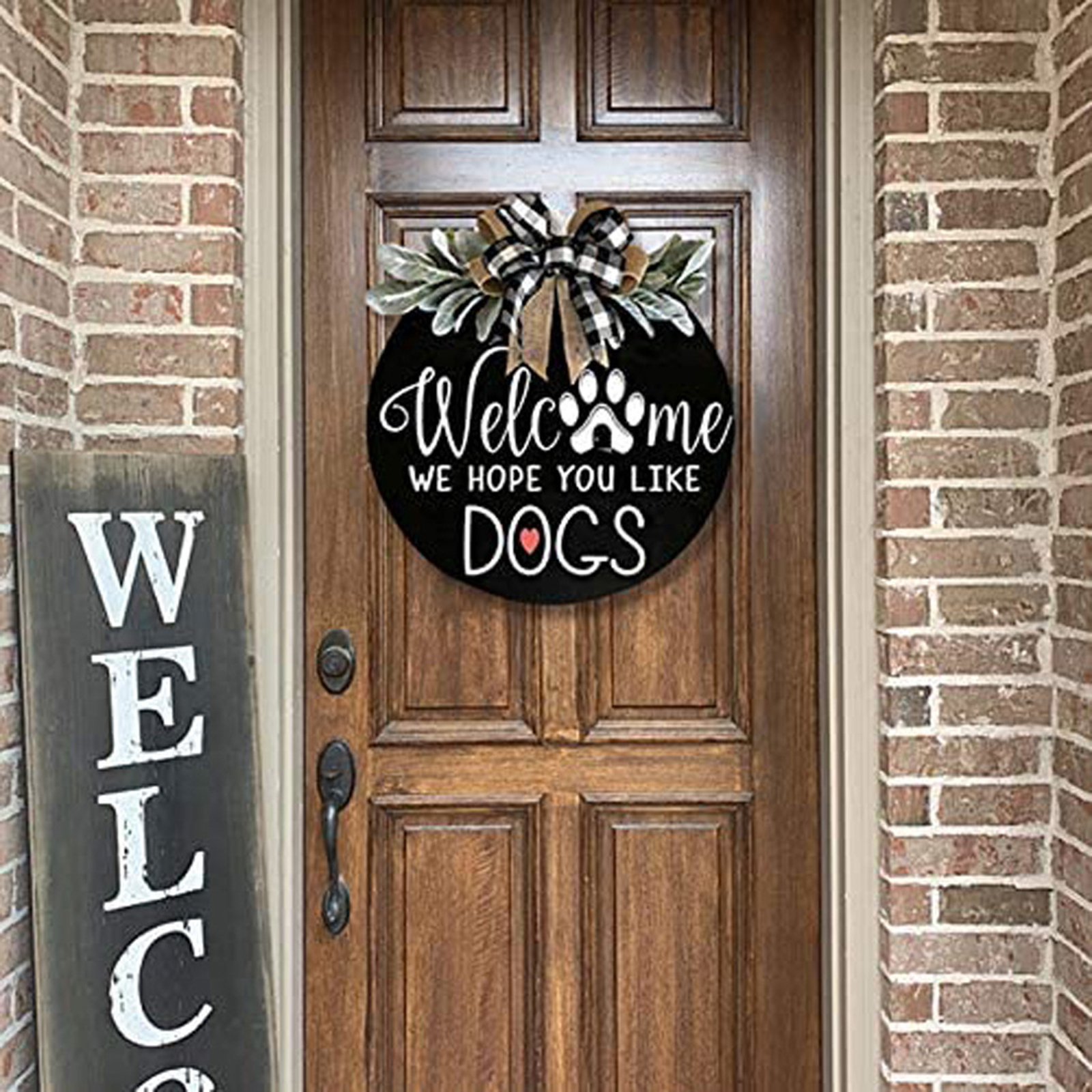 Welcome Sign for Front Door,16In Front Door Decors -We Hope You Like Dogs/Cats Wooden Porch Decor for Farmhouse w/ Green Leaves