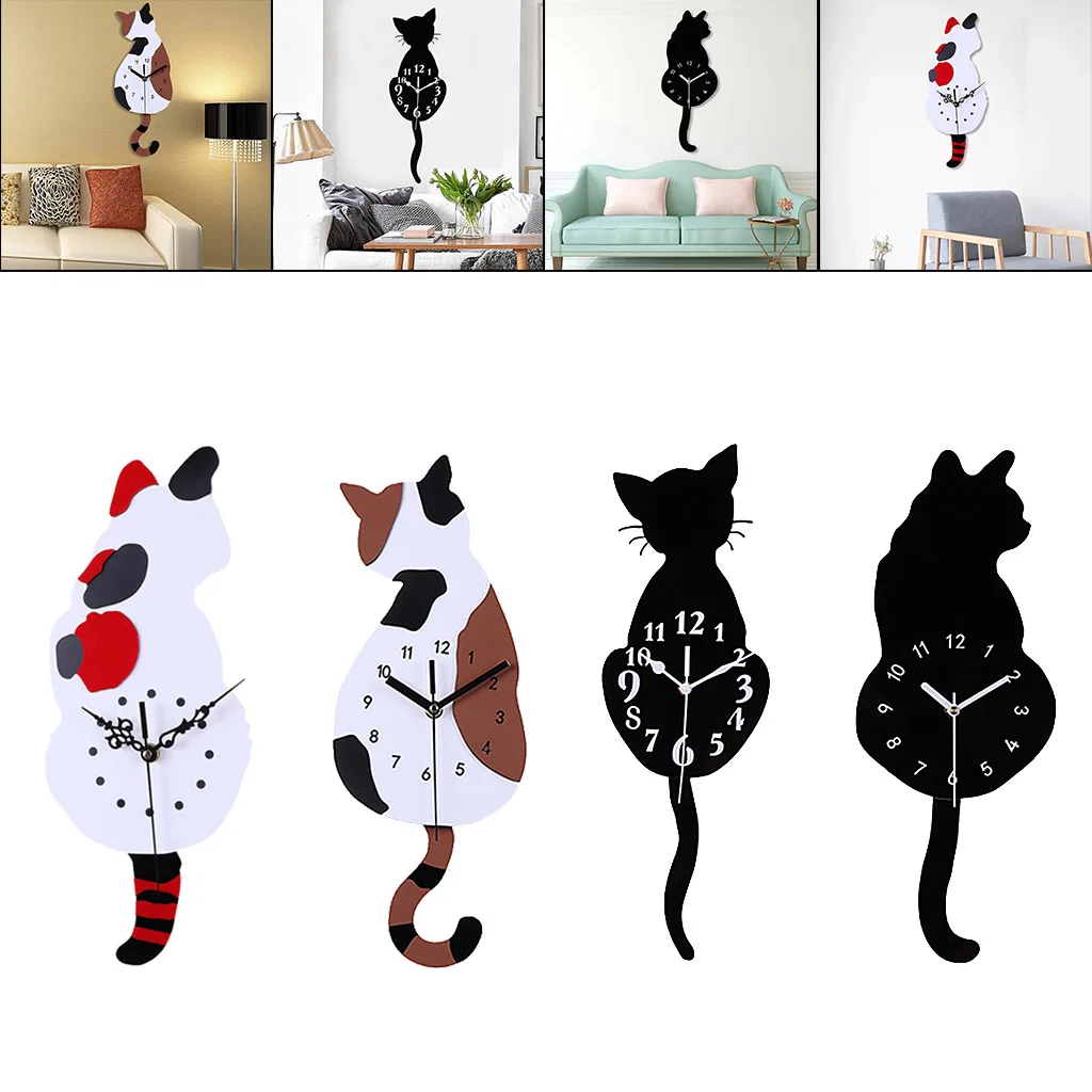 Modern Design Silent Cat Wall Clock Tail Wagging Pendulum Clocks Battery Operated for Kitchen Office Living Room Bedroom Decor
