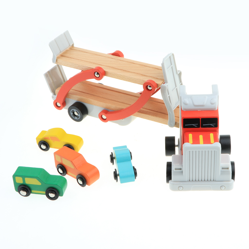 Wooden Double-Deck Car Carrier Transporter with 4 Mini Vehicles for Kids Imaginative Play , 15 x 2.75 x 4.33 inch