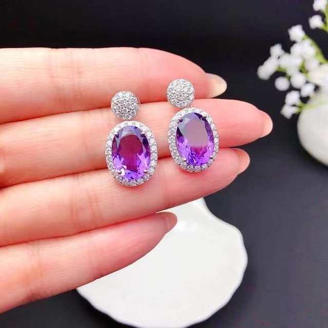 925 Sterling and Genuine natural oval Amethyst outlet Earrings