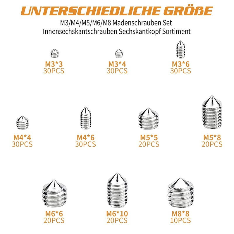Aço inoxidável Grub Screw Variedade, Cone Point,