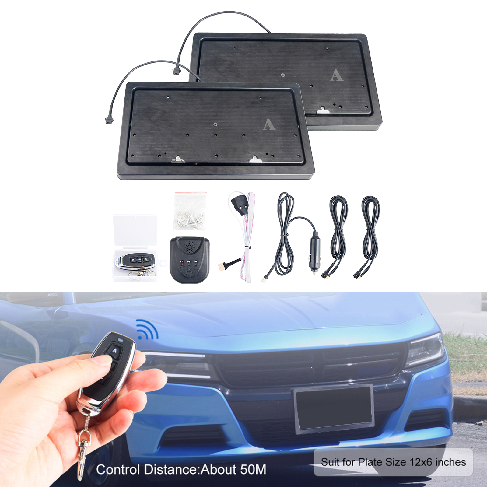 Universal 2x Car Remote Control Flip Hidden License Plate Frame Bracket Holder, Rust Proof & Waterproof