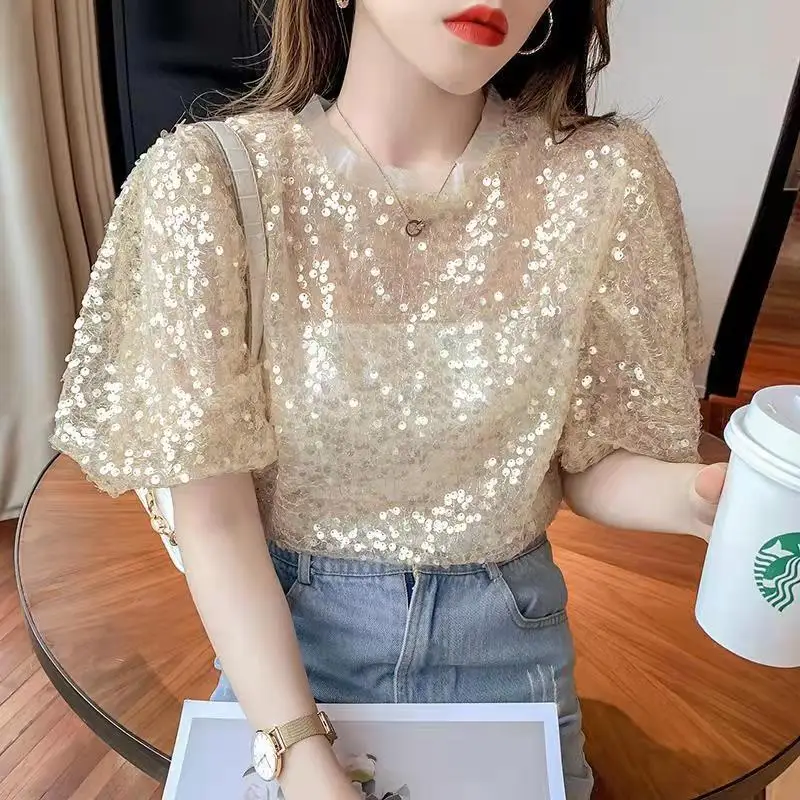 mulheres de luxo cristal lantejoulas bordado blusa ver através da camisa feminina sexy blusas camisas clubes glitter topos