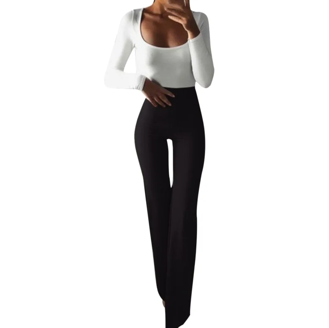 Tanie Moda damska Casual jednokolorowy cienki spodnie z wysokim stanem elastyczność sklep