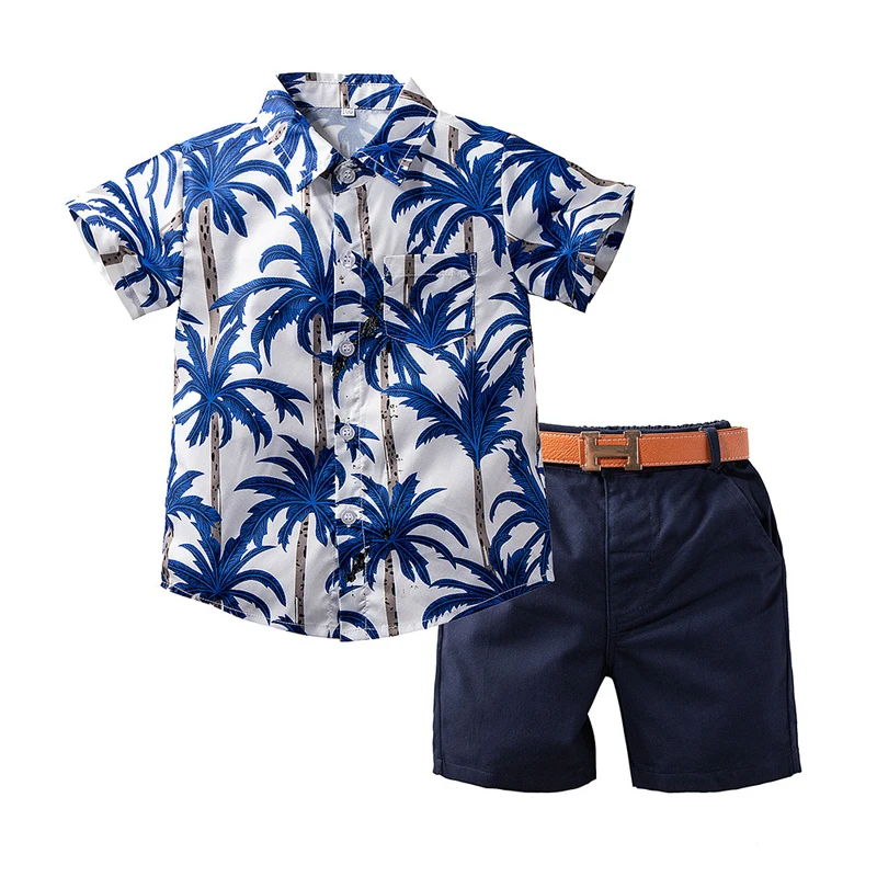 Lioraitiin 3Pcs 1-6Y Infant Baby Boy Summer Outfit Set Hawaiian Short Sleeve Button Down Shirt+Short Pants+Waistband Casual S...