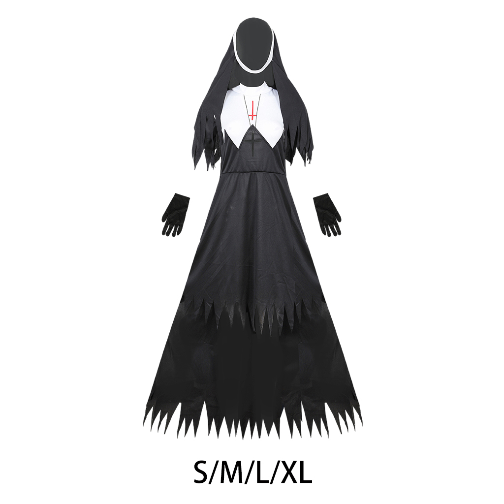 Women's Classic Bewitching Nun Halloween Costume Fancy Dress Hallowmas Cosplay for Ladies Girls Halloween Party Makeup Supplies