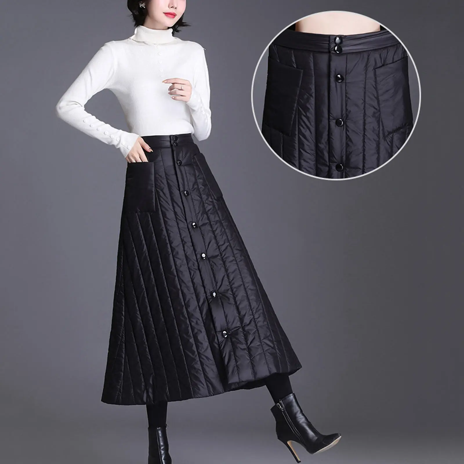 Women Down Cotton Long Padded Quilted Skirt Button Up A-line Winter Dress