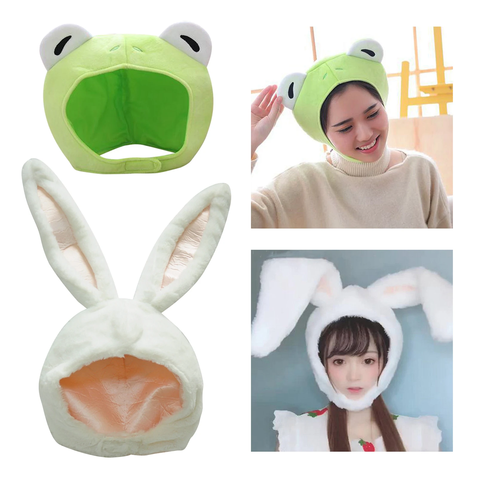 2pcs Girls Cute Rabbit Ear Hat Bunny Hat Funny Party Costume Earflap Frog Cap Head Warmer Photo Props Women Winter Cap Gift