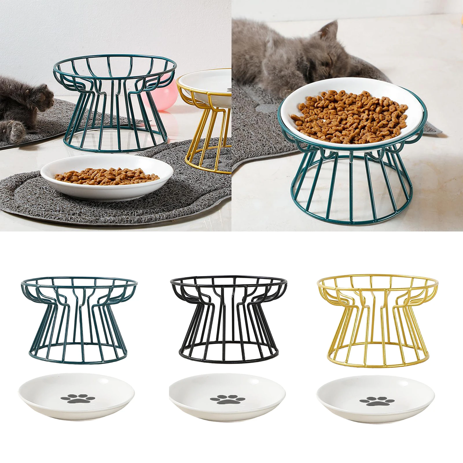 Ceramic Pet Bowl Iron Holder Shelf Stand Pet Single Bowl Feeding Food Bowls for Cat Dog