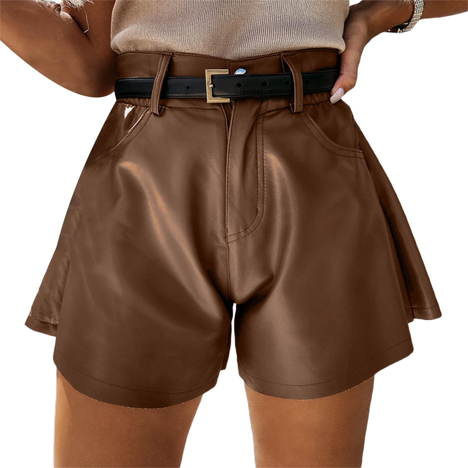 Women Leather Shorts PU Leather Solid 