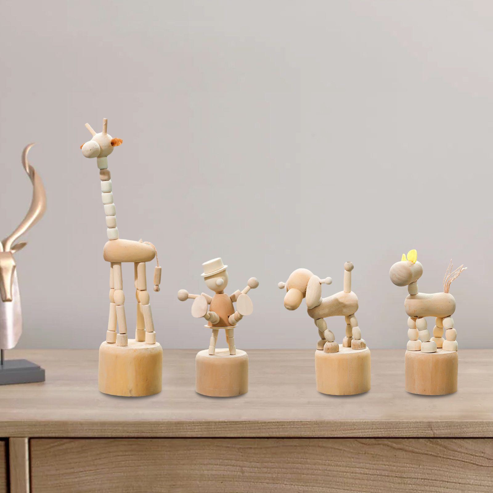 3x Wooden Puppet Animal 4-17cmGiraffe Puppy Pony Gift Handcraft Ornament for Holiday Children