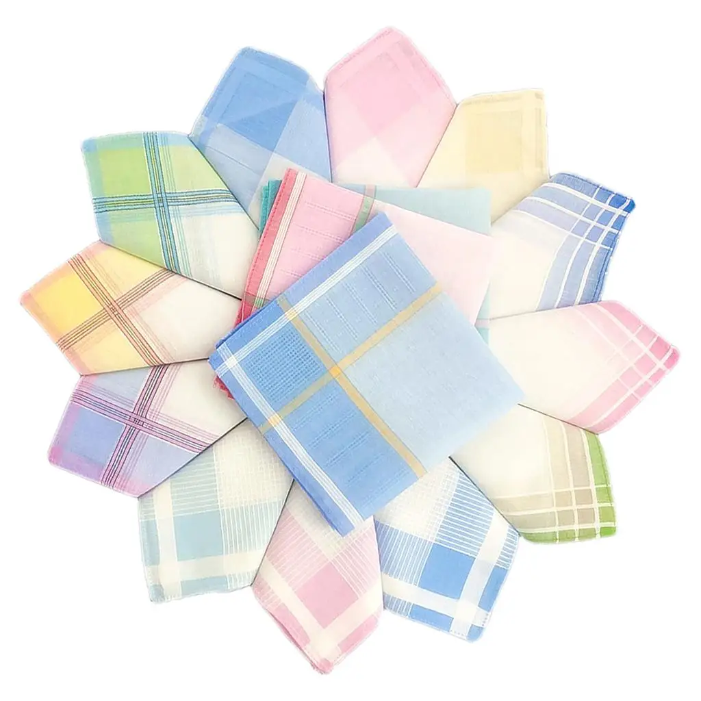 12x Pure Cotton Plaid Handkerchiefs Washable  Hanky Party Hankie Towel Lot