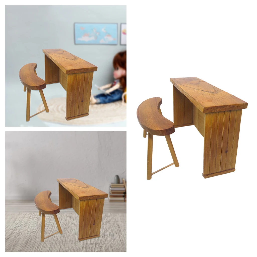 Shabby Stylish Wooden Desk and Stool Furniture Model Toys for 1/12 Doll House Decoration Dollhouse Miniature Accessories