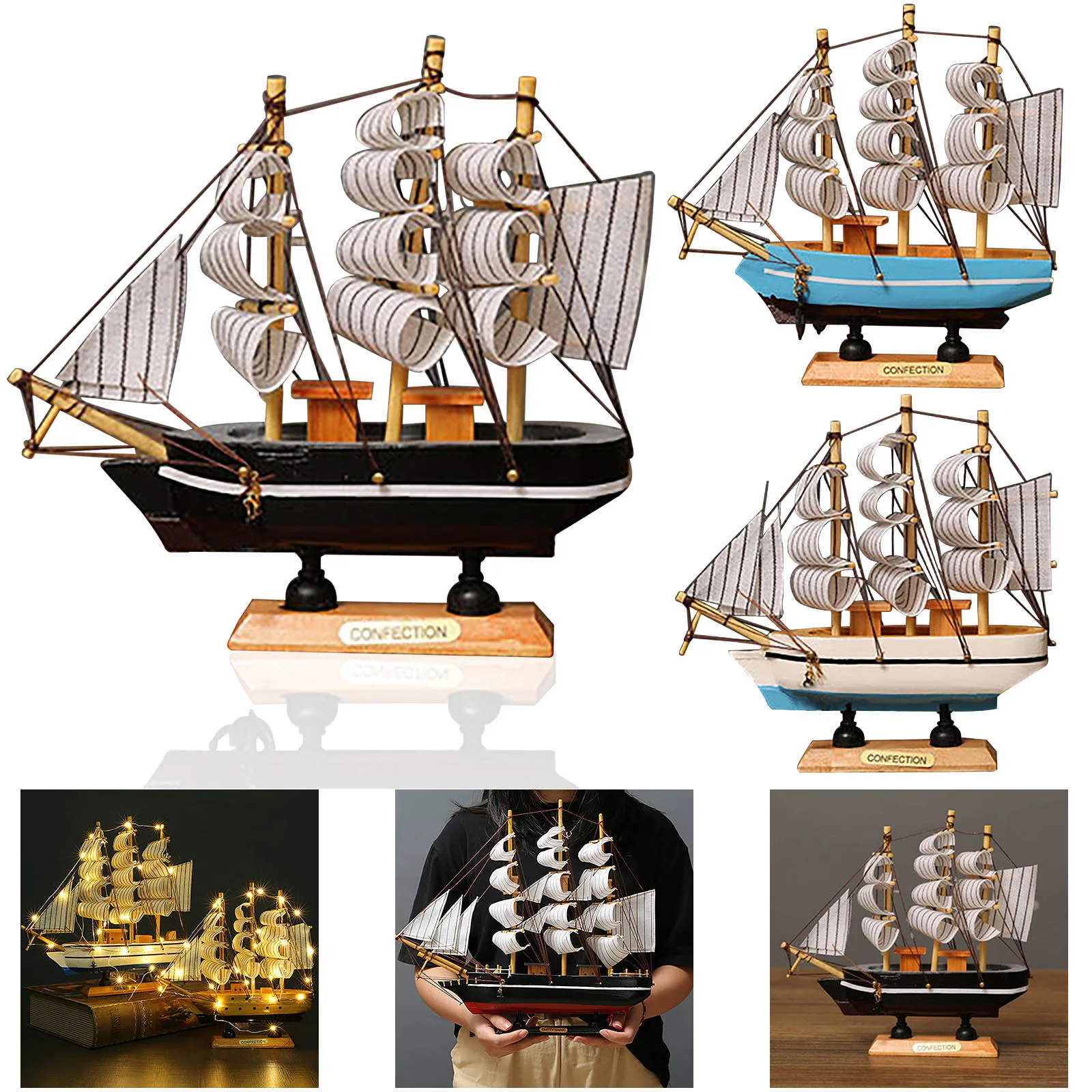 LED Light Wooden Craft Nautical Sailor Ship Sailing Boat Wood Sailboat Model New 